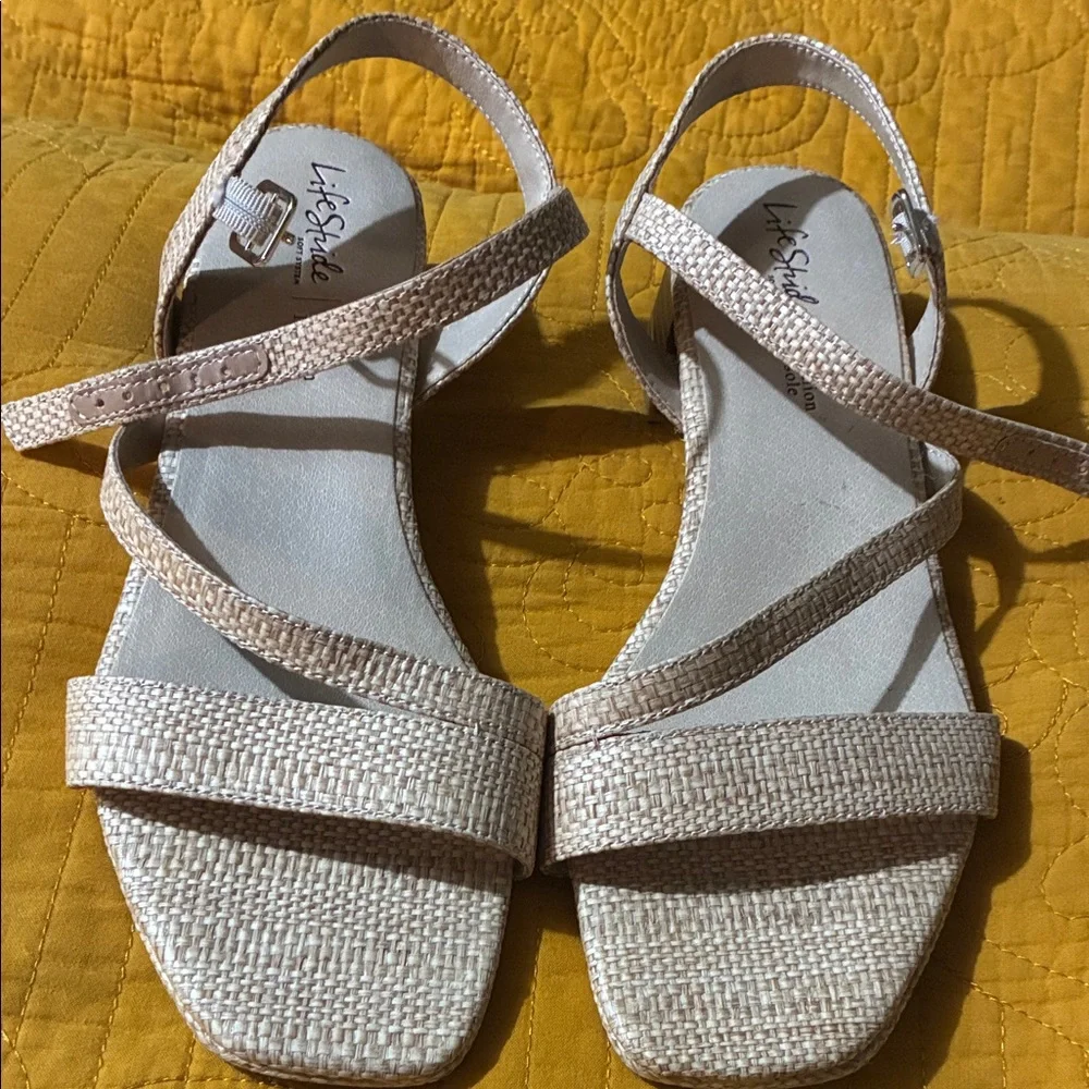 Life Stride Beige Strappy Woven Flat Sandals